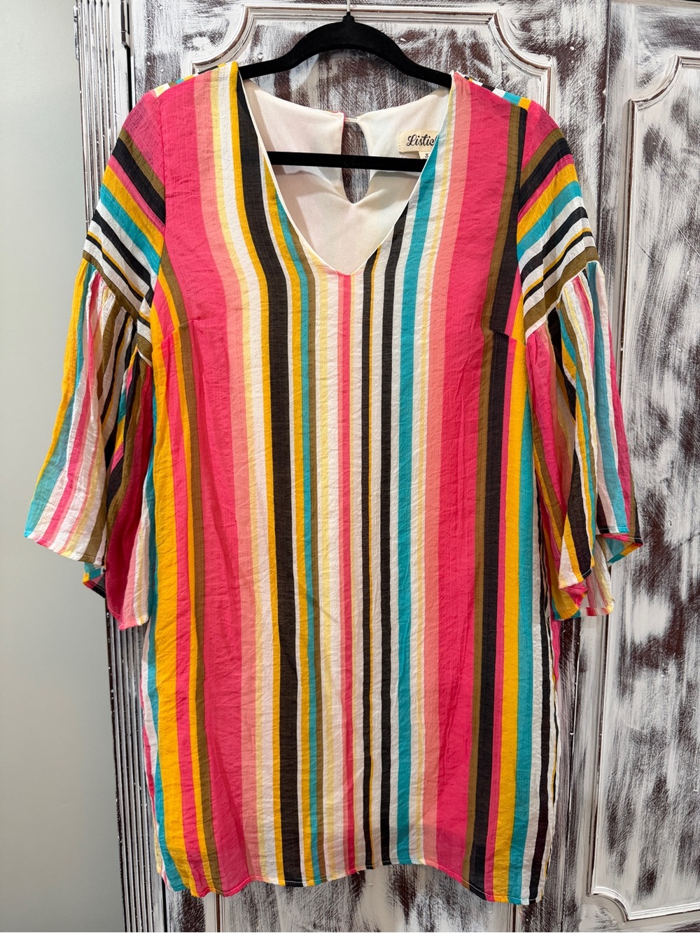 Listicle Multicolor Striped Bell-Sleeve Tunic — Pink, Yellow & Teal
